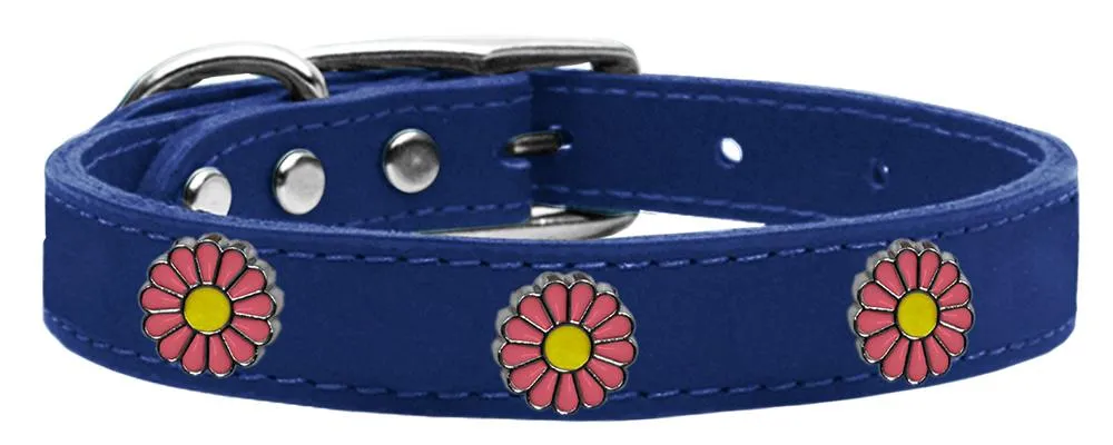 Pink Daisy Widget Genuine Leather Dog Collar Blue 18