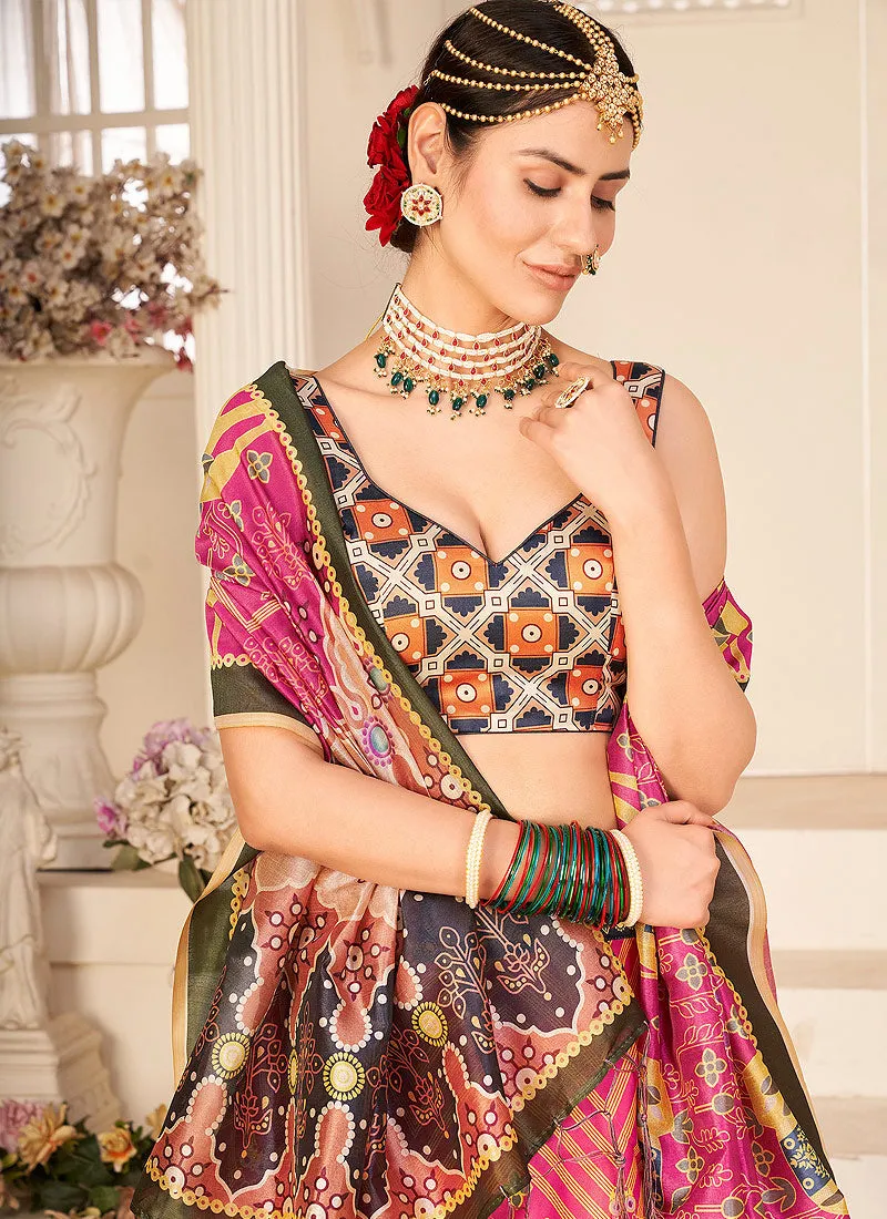 Pink Digital Printed Silk Lehenga Choli