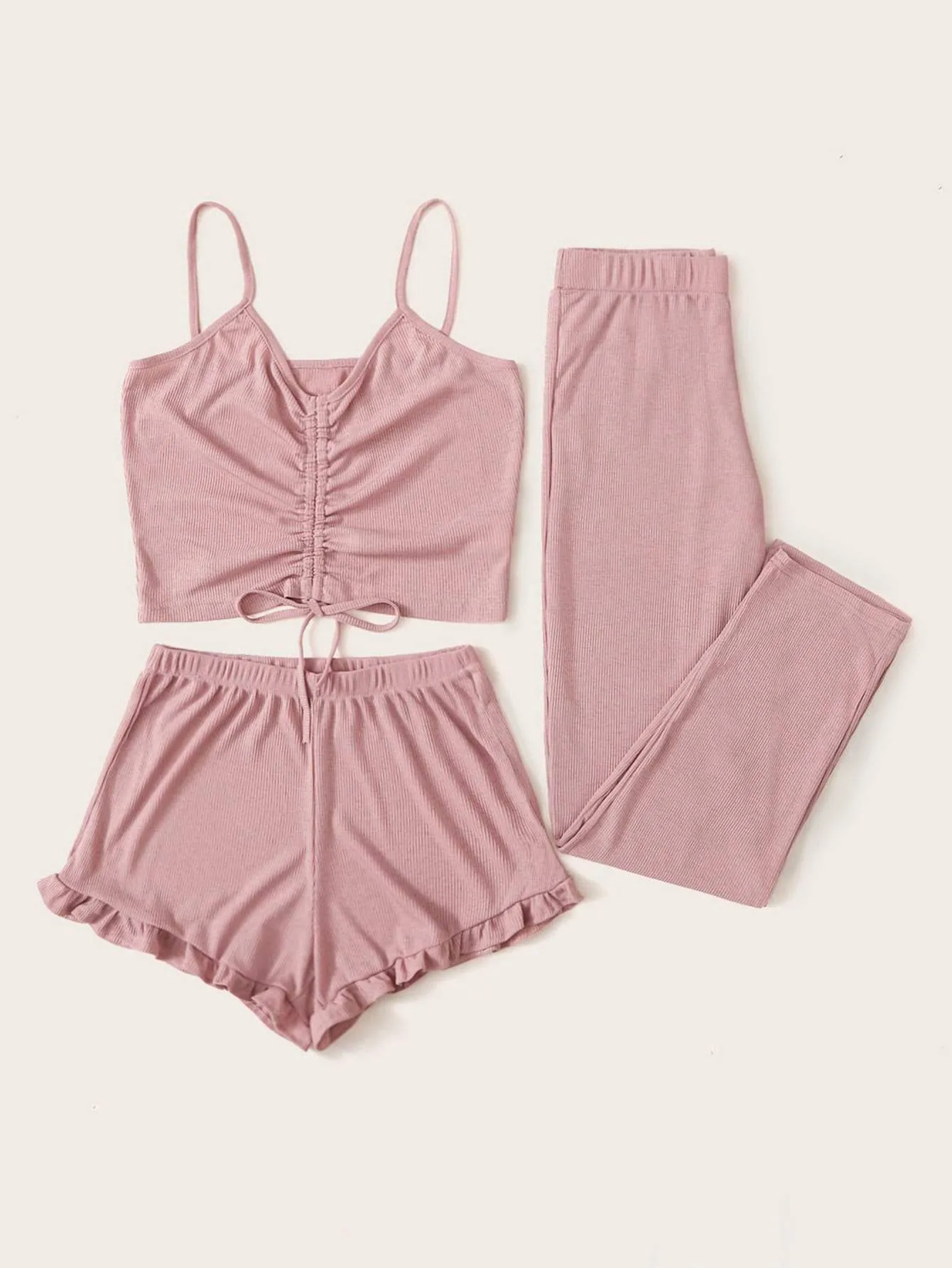 Pink Drawstring Ruched Detail Cami PJ Set With Pants