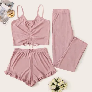 Pink Drawstring Ruched Detail Cami PJ Set With Pants