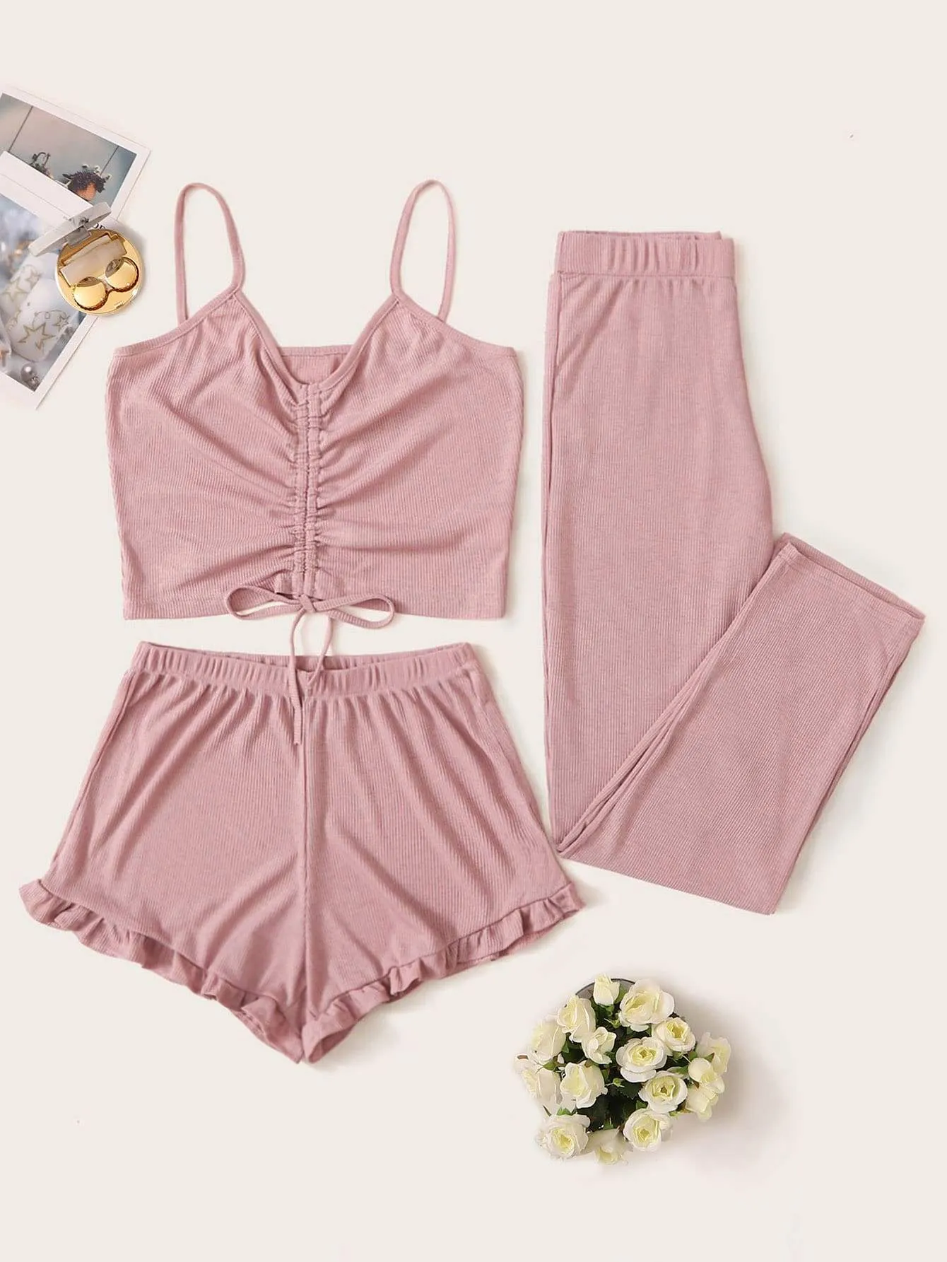 Pink Drawstring Ruched Detail Cami PJ Set With Pants