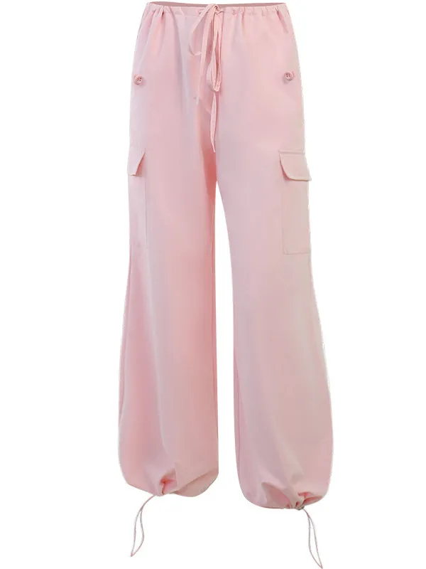 Pink Drawstring Waist Pocket Cargo Parachute Pants