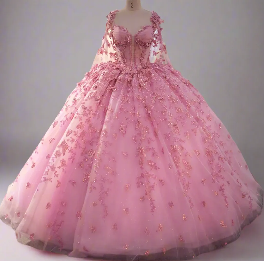 Pink Dress With Pink Cape Ball Gown Quinceañera