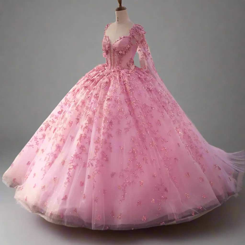 Pink Dress With Pink Cape Ball Gown Quinceañera