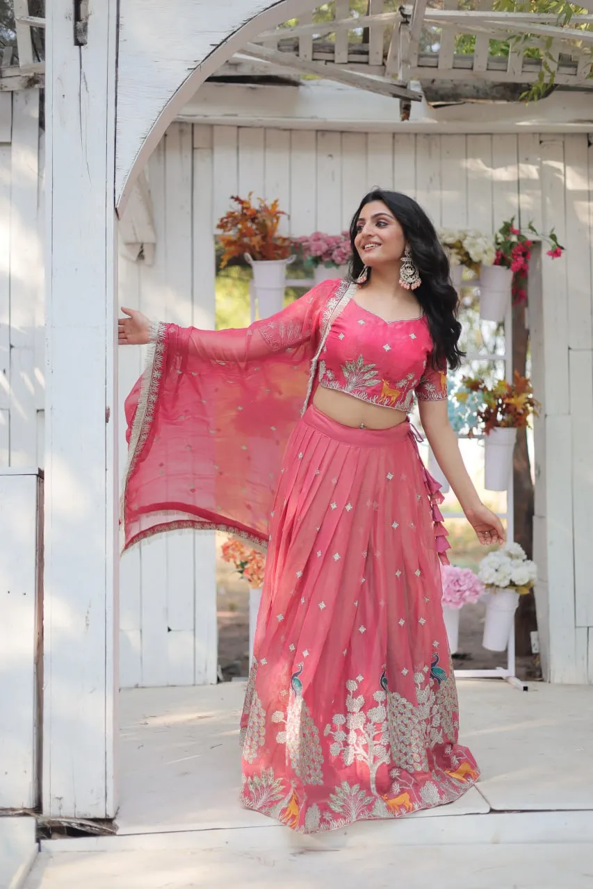 Pink Elegant Gold Coin Lehenga Choli with Sequins & Thread Embroidery