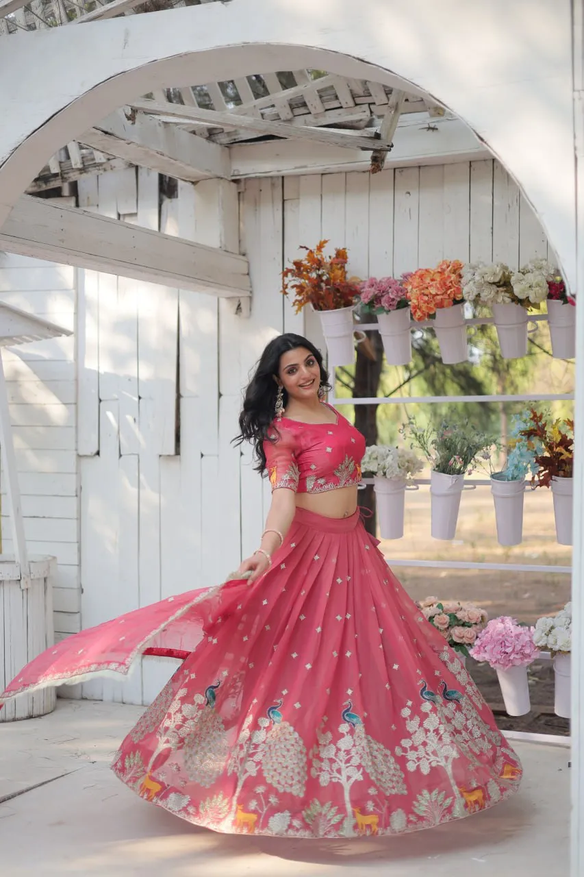 Pink Elegant Gold Coin Lehenga Choli with Sequins & Thread Embroidery