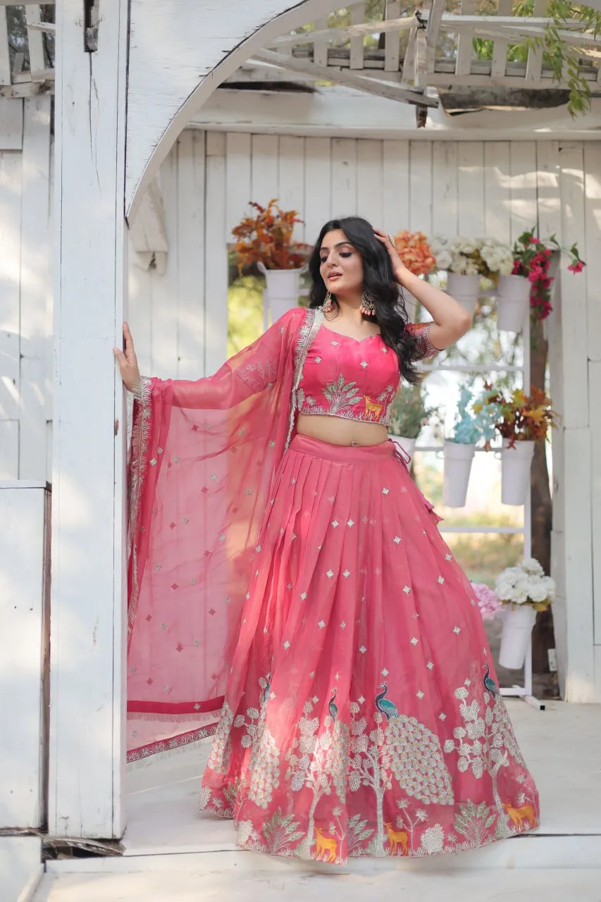 Pink Elegant Gold Coin Lehenga Choli with Sequins & Thread Embroidery