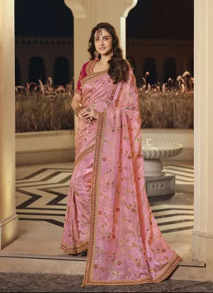 Pink Embroidered Designer Party Wear Saree