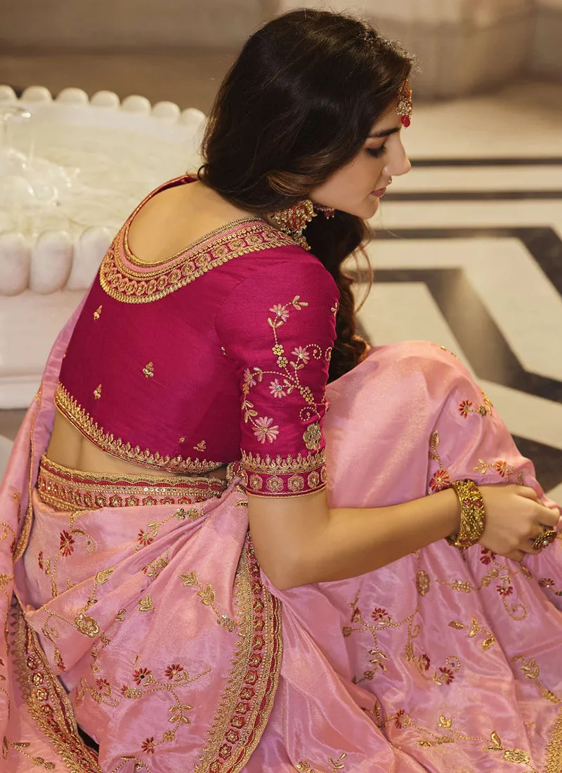 Pink Embroidered Designer Party Wear Saree