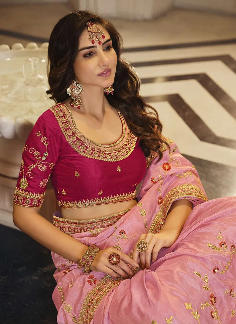 Pink Embroidered Designer Party Wear Saree