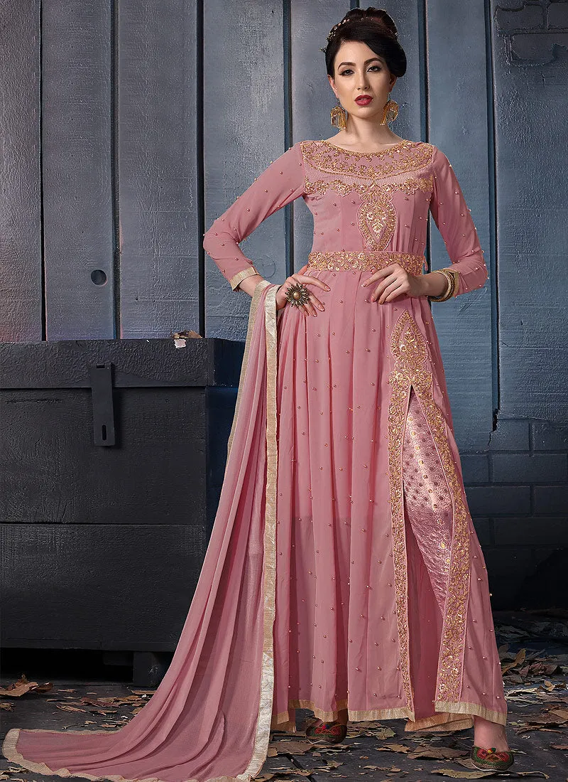 Pink Embroidered Slit Style Anarkali Pants Suit