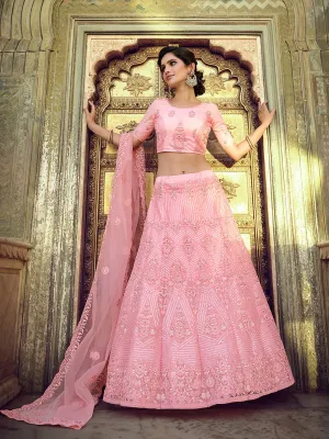 Pink Embroidered Soft Net Semi Stitched Lehenga With Unstitched Blouse