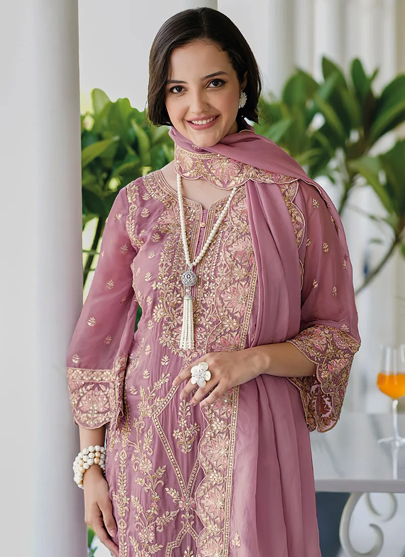 Pink Embroidery Traditional Pant Style Suit