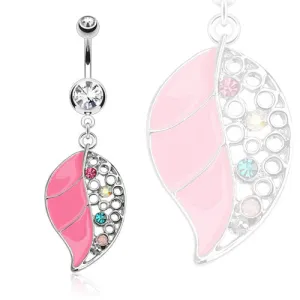 Pink Epoxy Leaf Dangle Belly Ring