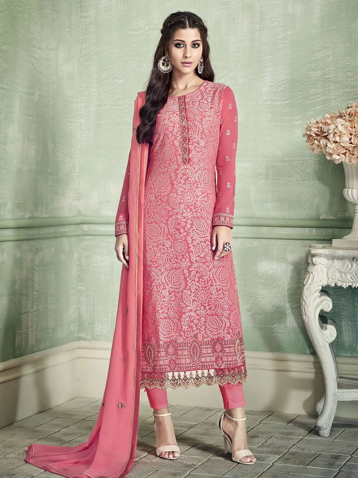 Pink Ethnic Embroidered Designer Pakistani Pant Suit