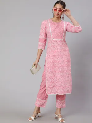 Pink Ethnic Paisley Printed Cotton Kurta With Pants