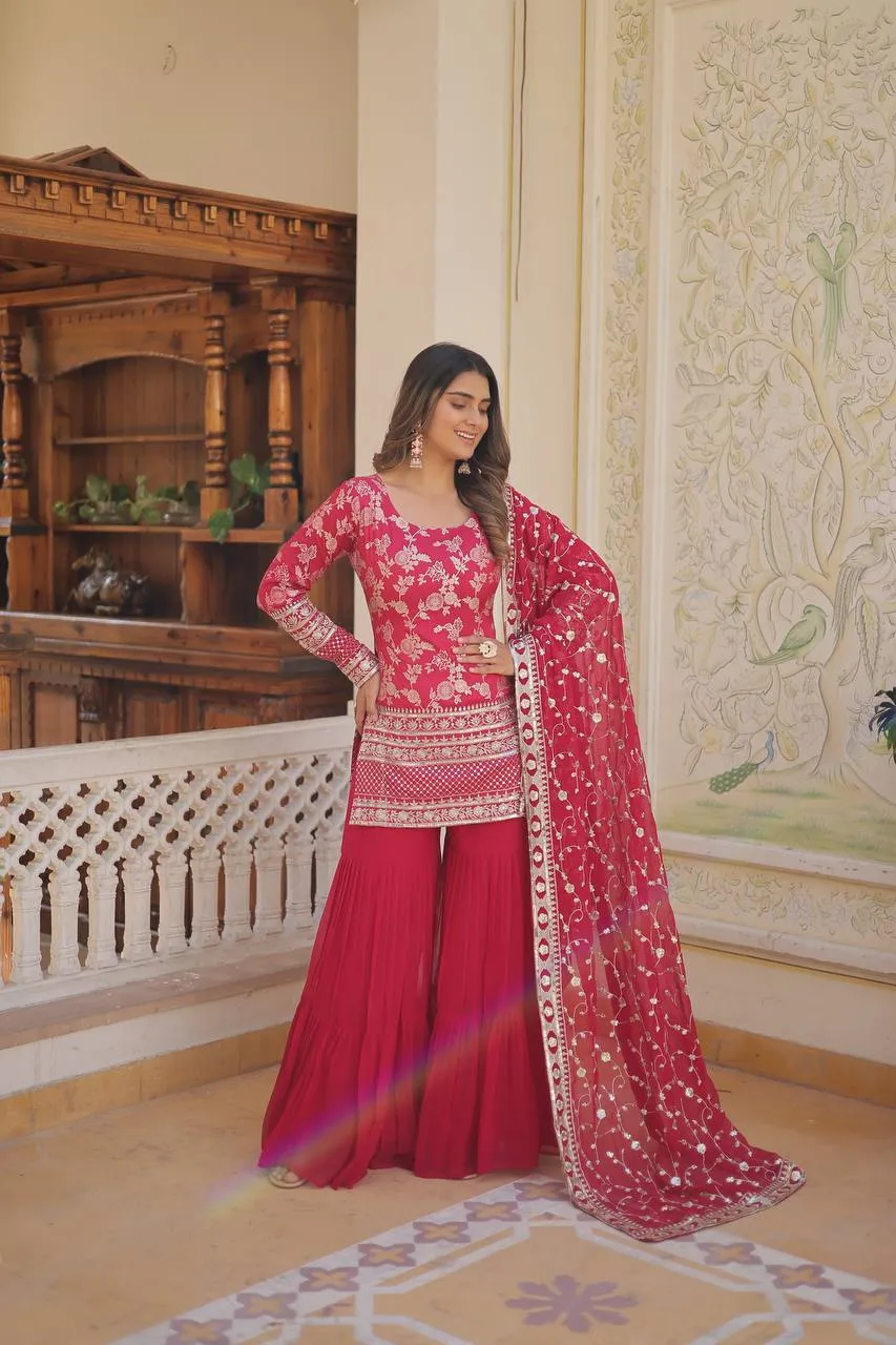 Pink Faux Blooming Sequins & Zari Embroidered Readymade Gharara Suit Set