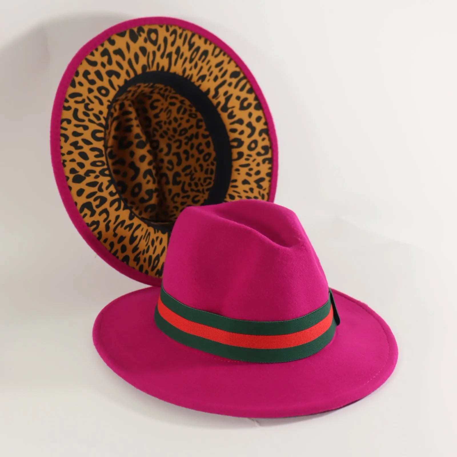 Pink Fedora Hat w/ Removable Band & Leopard Print Bottom