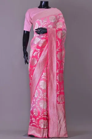 Pink Floral Banarasi Silk Saree