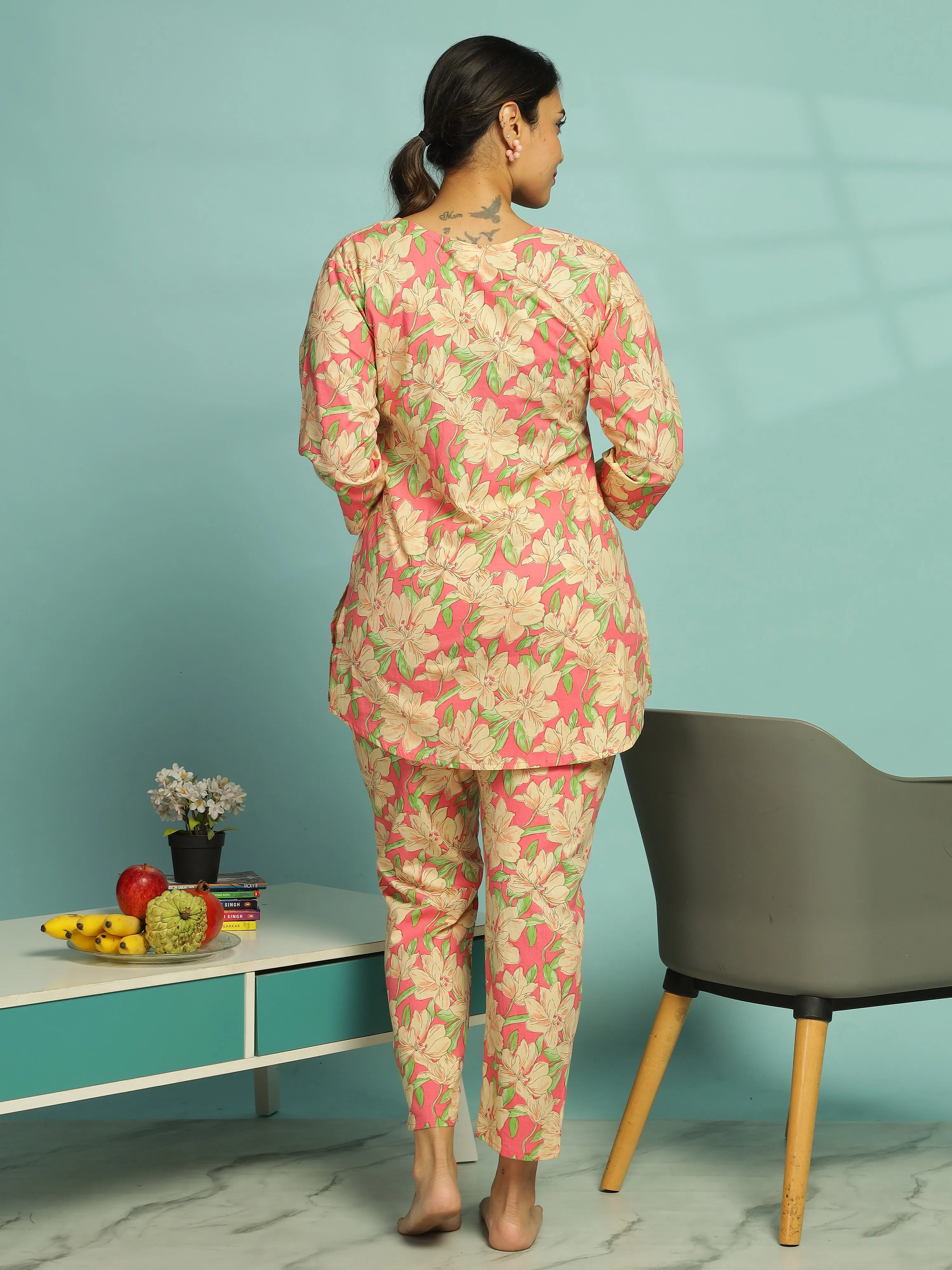 Pink Floral Cotton Pajama Set for Women Relaxed Fit Nightwear