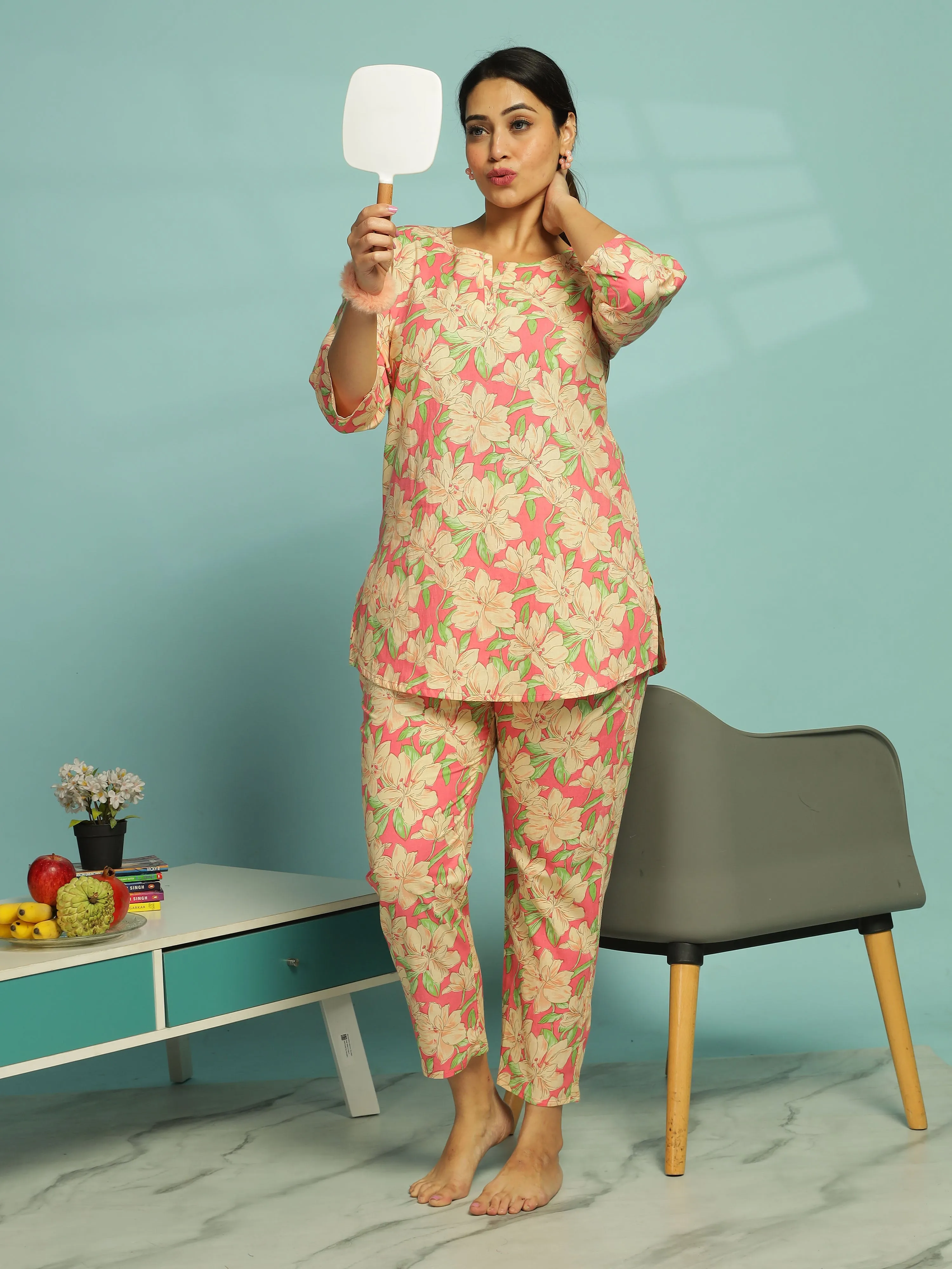 Pink Floral Cotton Pajama Set for Women Relaxed Fit Nightwear