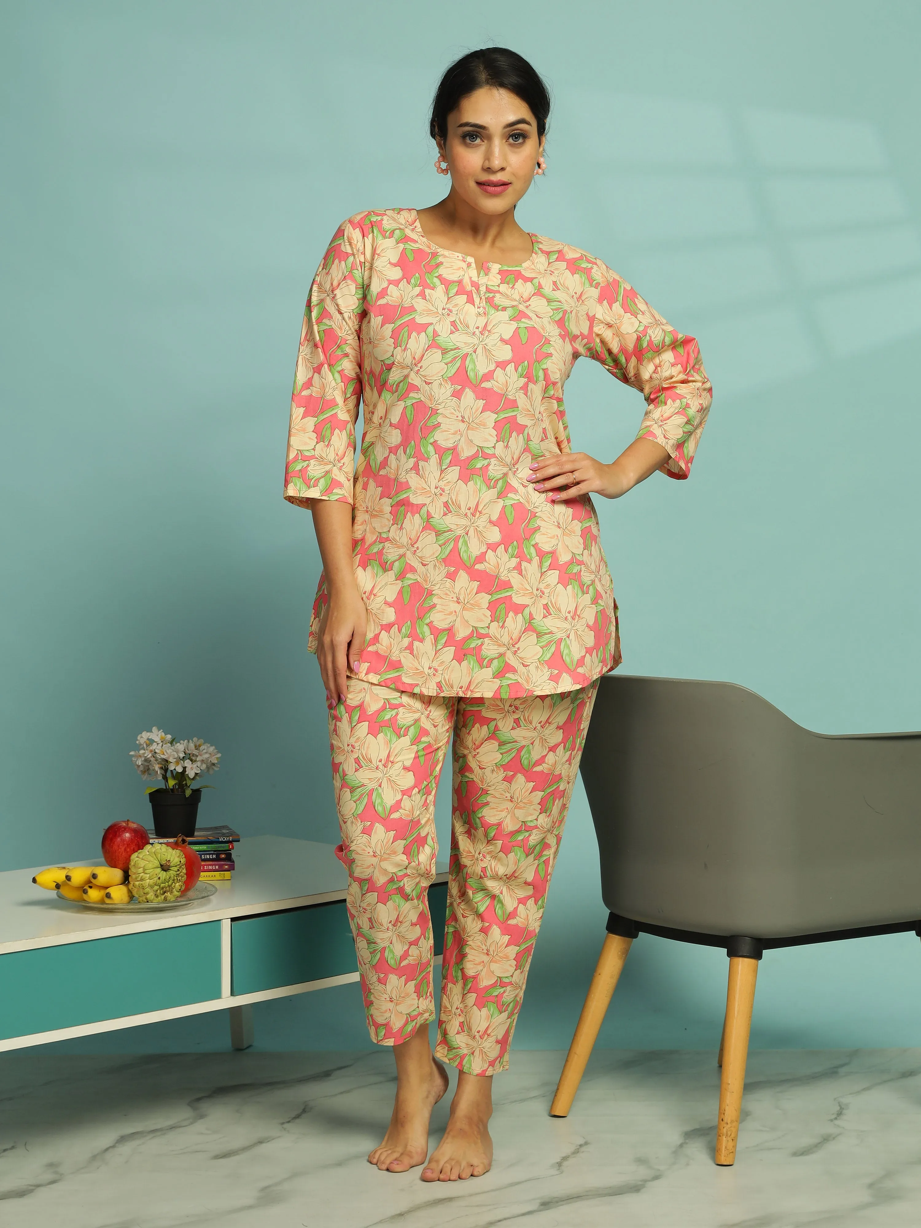 Pink Floral Cotton Pajama Set for Women Relaxed Fit Nightwear