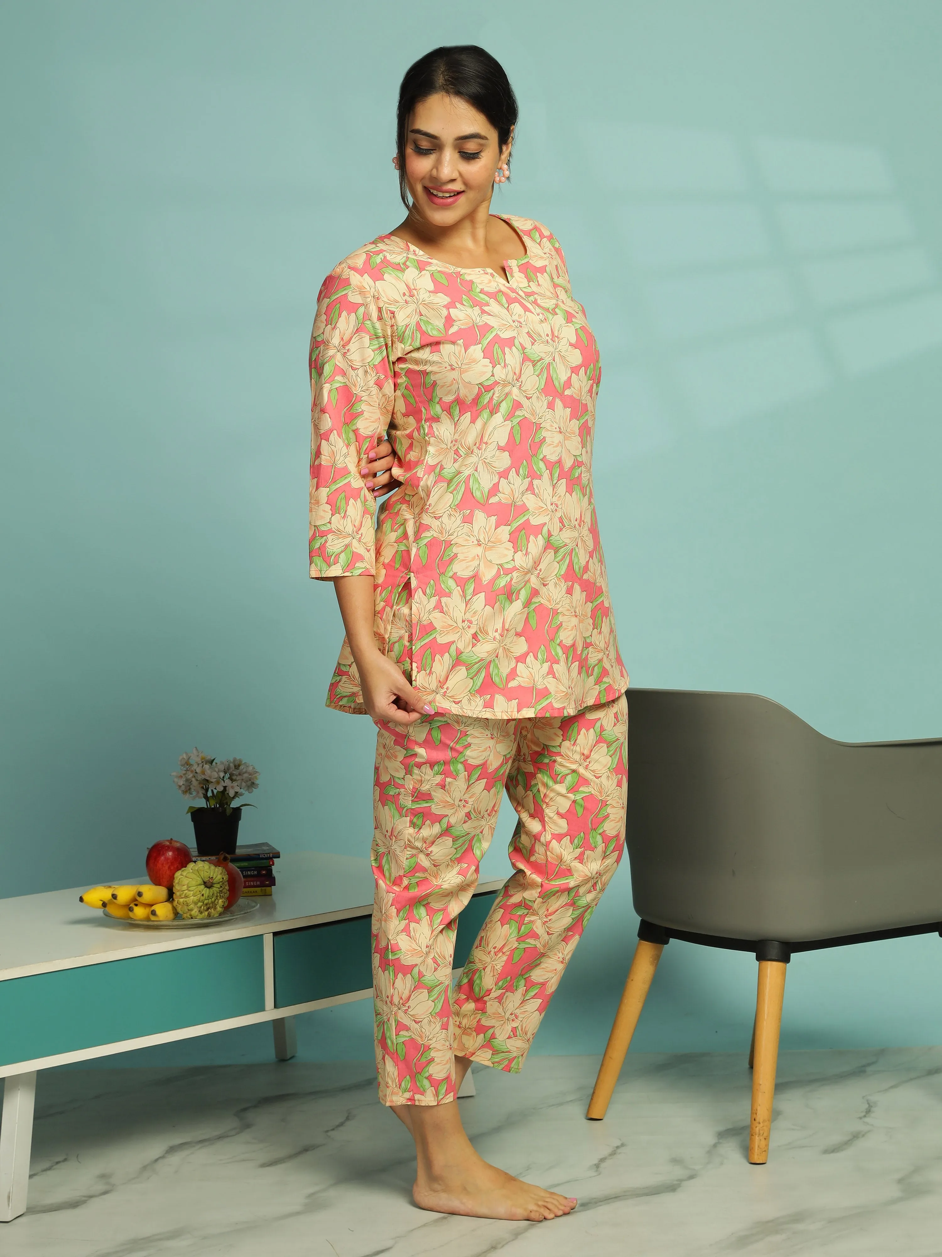 Pink Floral Cotton Pajama Set for Women Relaxed Fit Nightwear