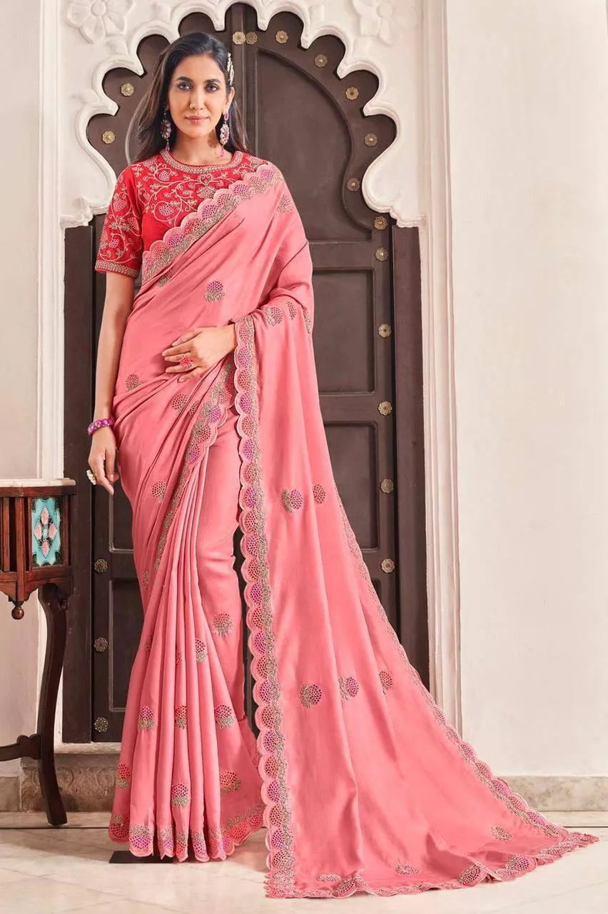 Pink Floral Dola Silk  Saree