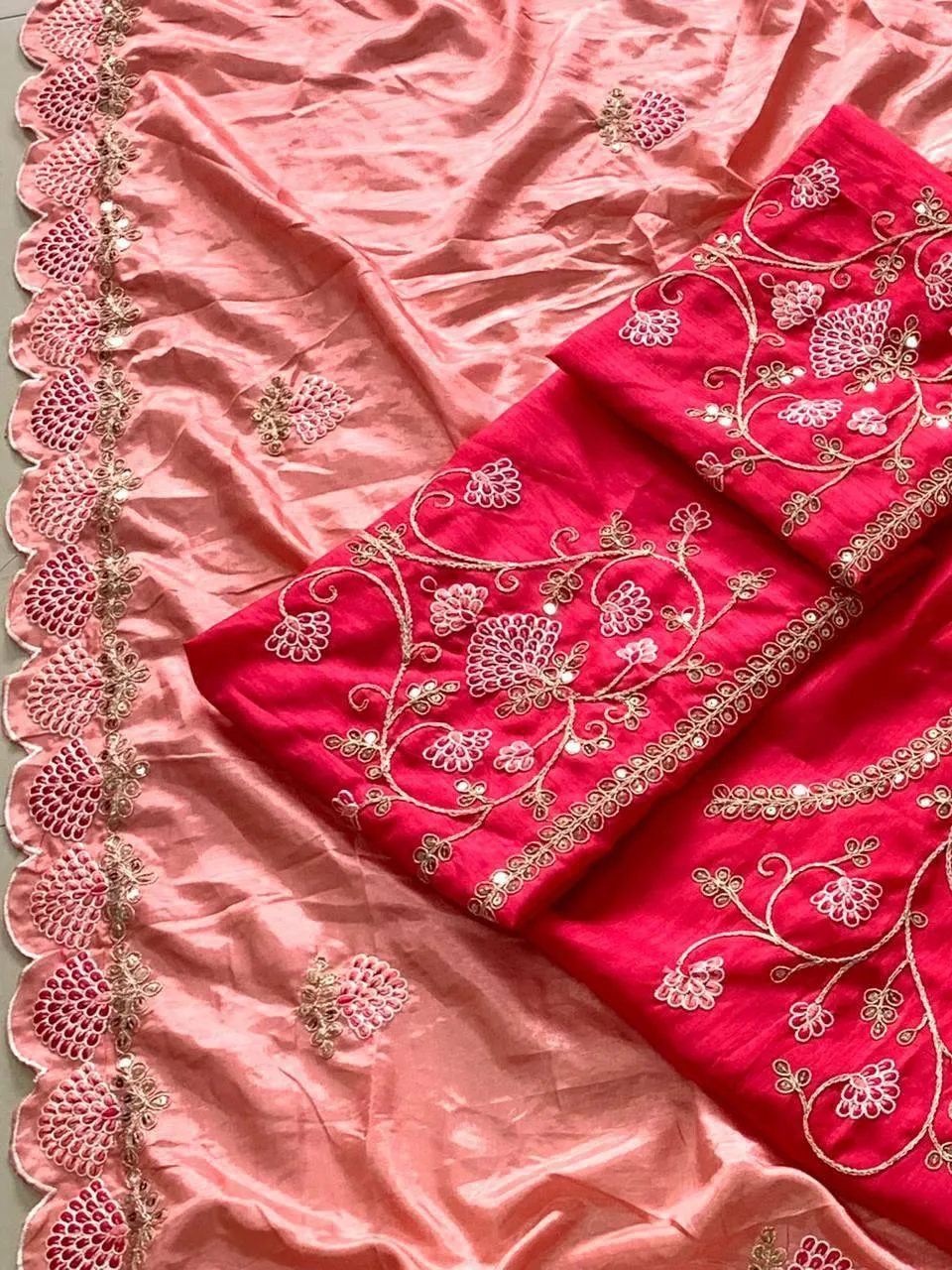 Pink Floral Dola Silk  Saree