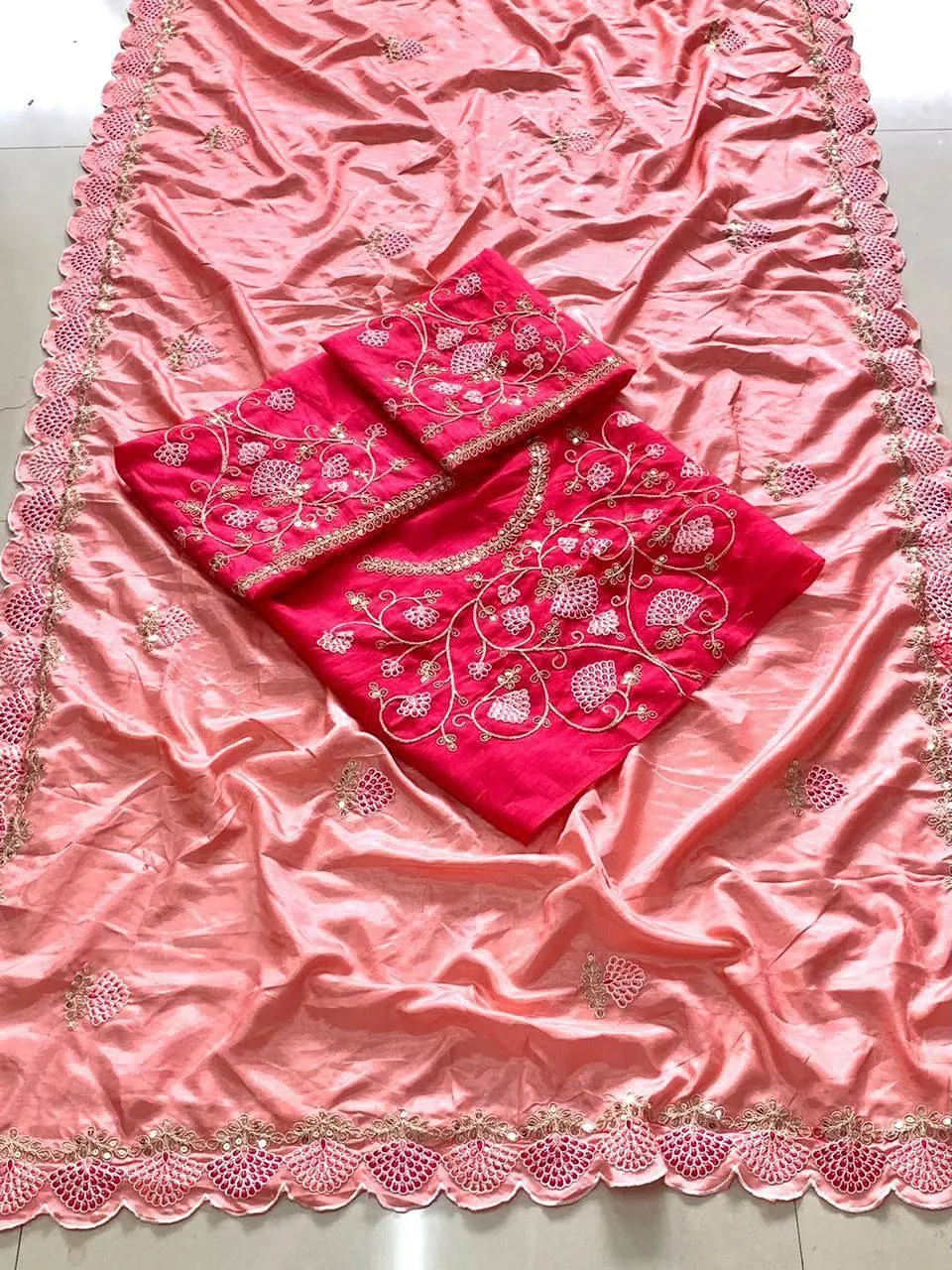 Pink Floral Dola Silk  Saree