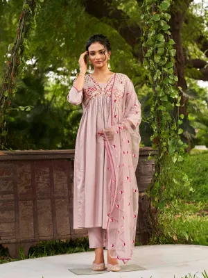 Pink Floral Embroidered Yoke Designed Suit Set with Dupatta