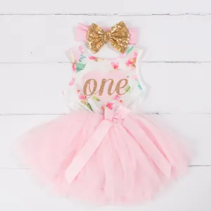 Pink Floral Heart 1st Birthday Outfit, "ONE" Pink Floral Sleeveless Dress with Gold & Pink Headband