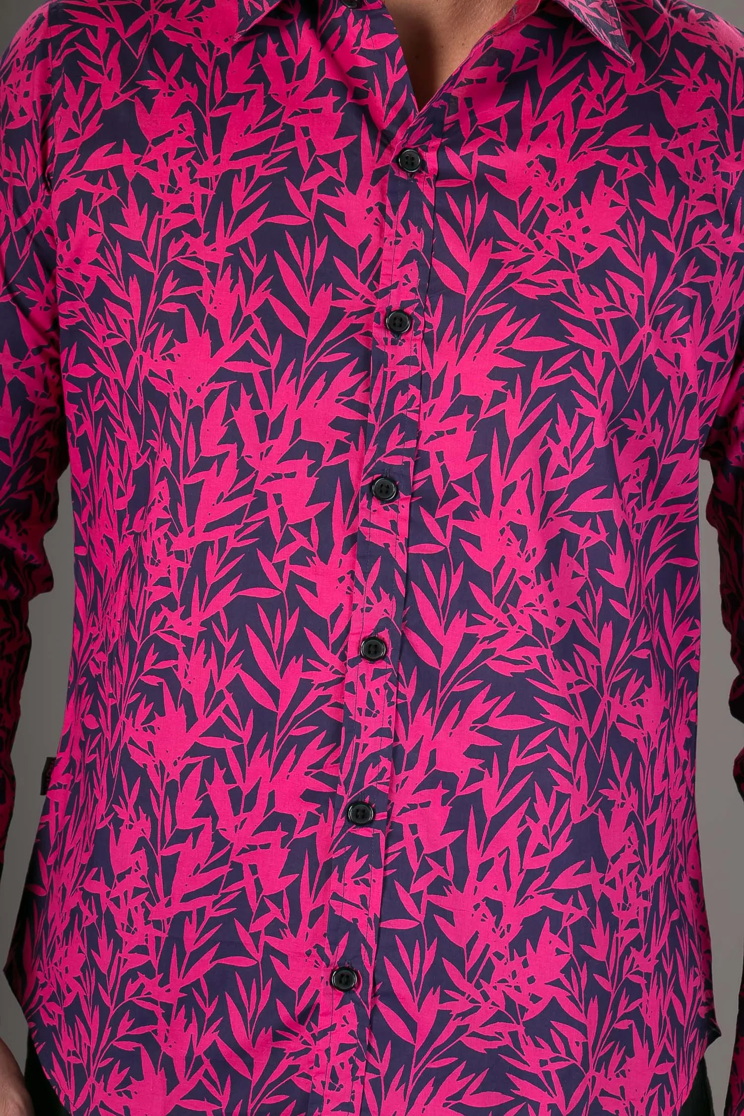 Pink Floral Print Cotton Slim-Fit Long-Sleeve Mens Shirt