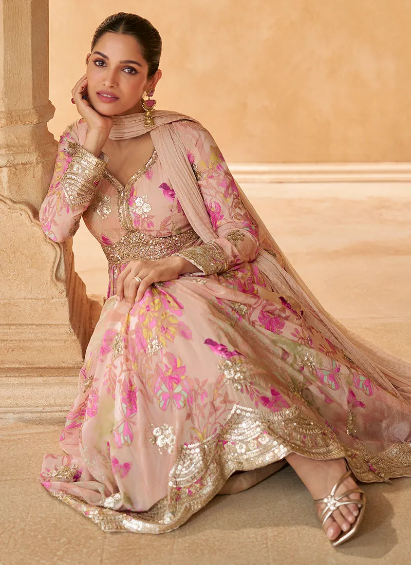 Pink Floral Print Embroidered Anarkali Gown