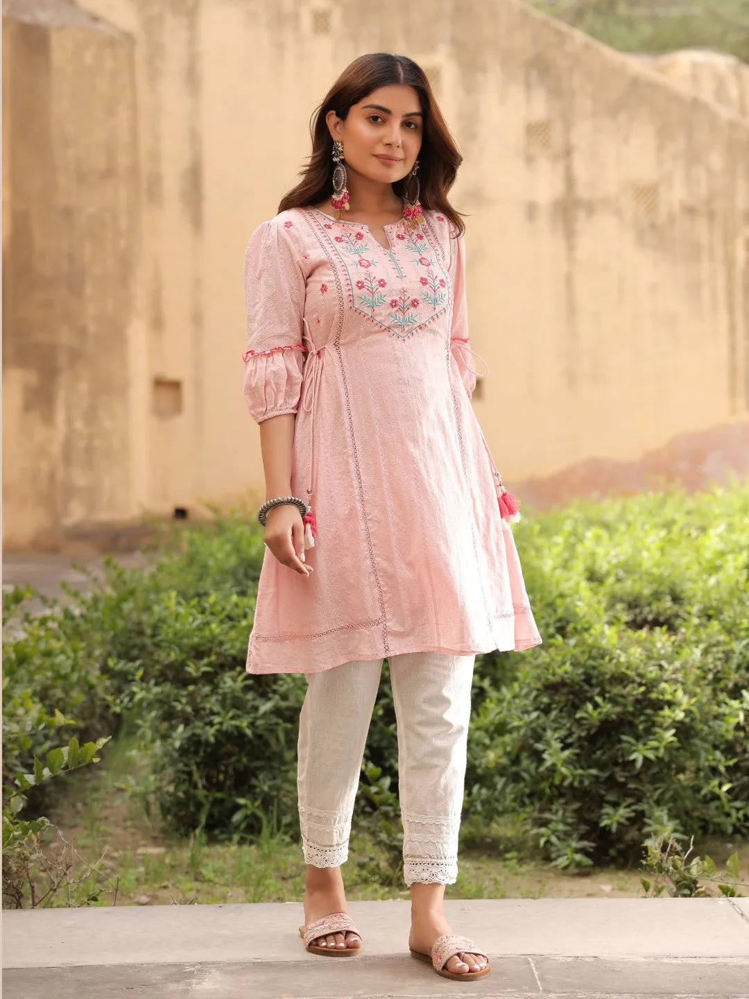 Pink Floral Printed Cotton Dobby Flared Short Kurta With Pant With Thread Embroidery