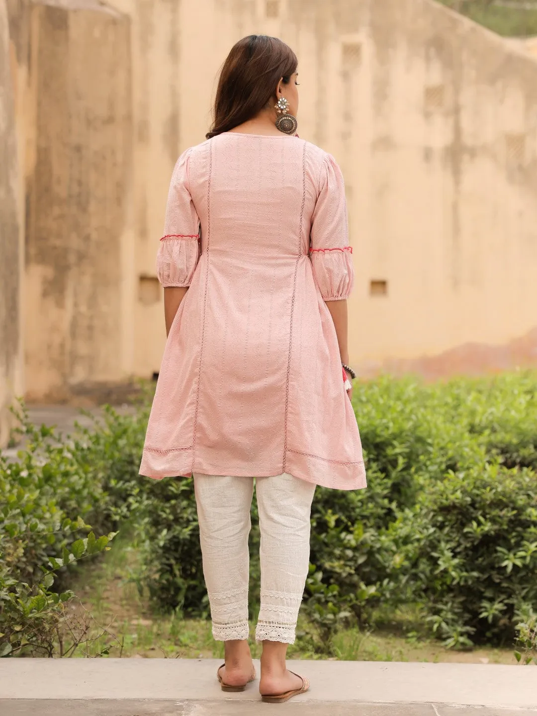 Pink Floral Printed Cotton Dobby Flared Short Kurta With Pant With Thread Embroidery