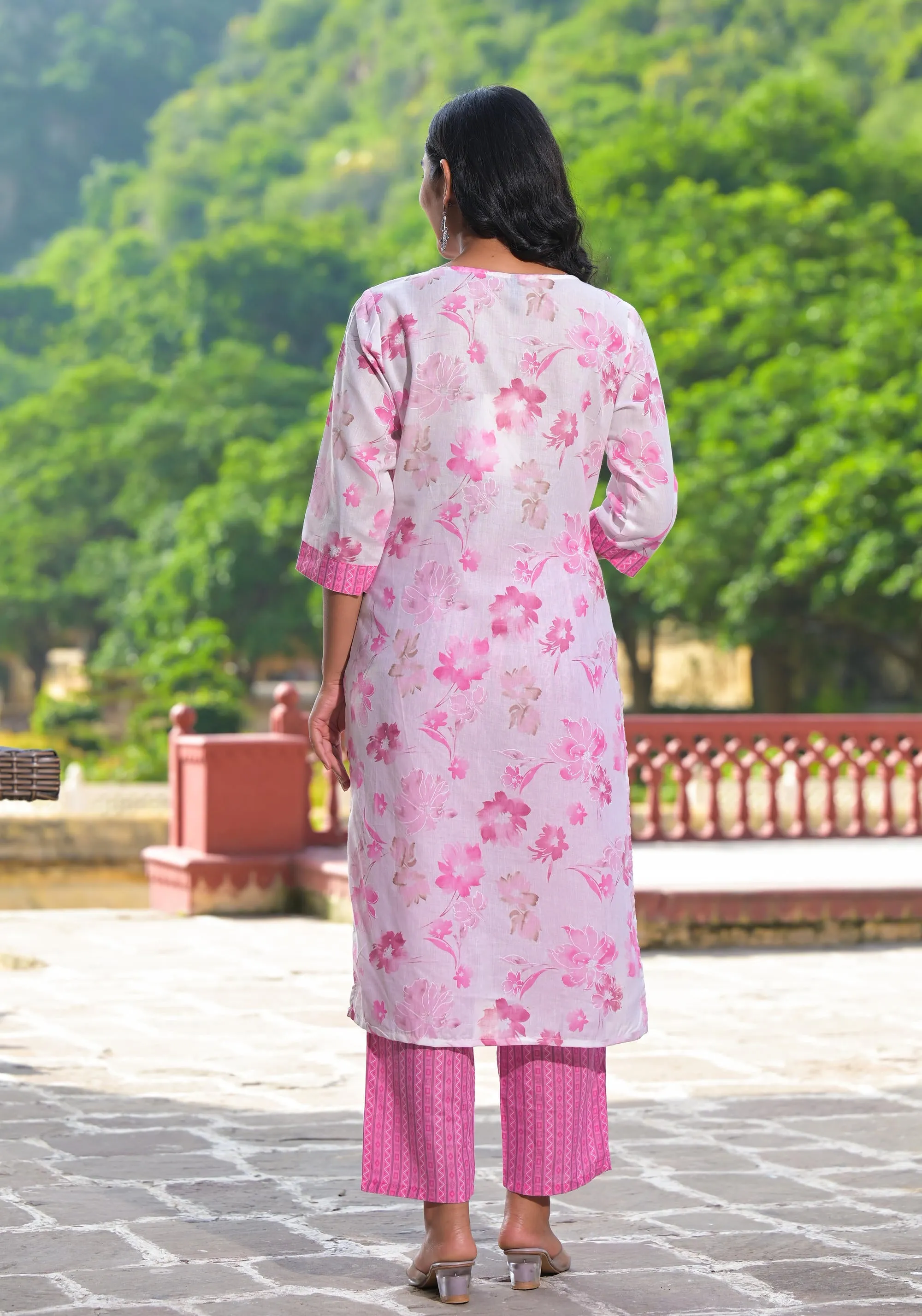 Pink Floral Printed Cotton Kurta Pant With Dupatta Set With Sequins & Mirror Work