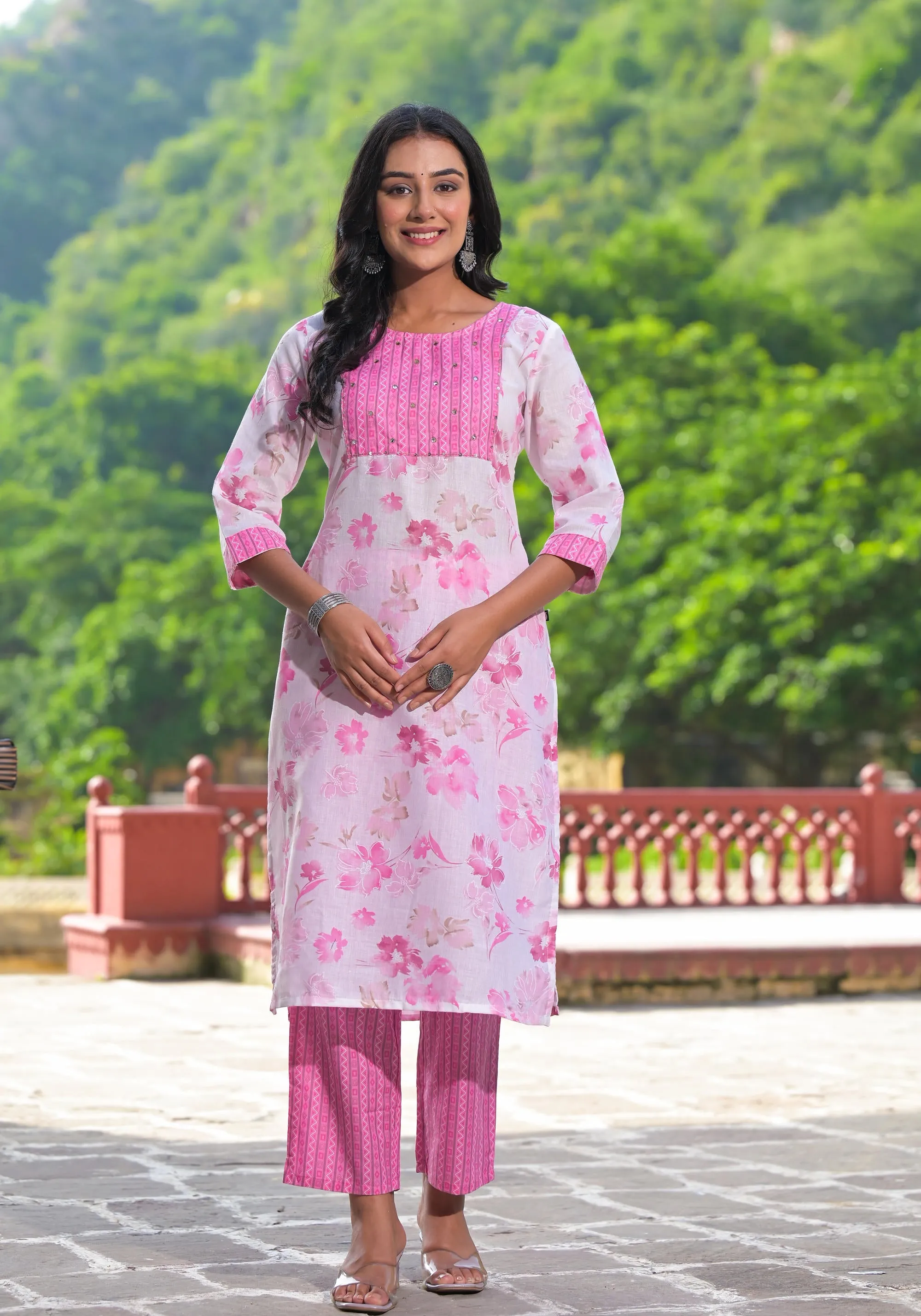 Pink Floral Printed Cotton Kurta Pant With Dupatta Set With Sequins & Mirror Work