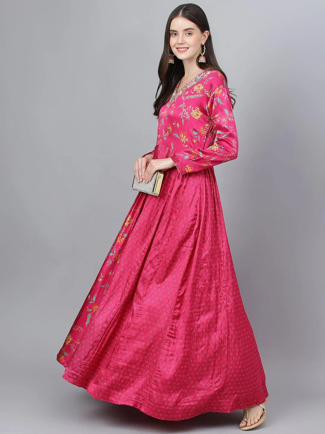 Pink Floral Printed Gaji Silk Flared Gown