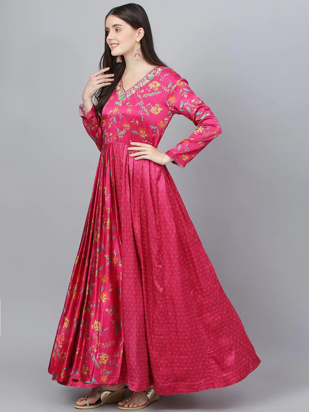 Pink Floral Printed Gaji Silk Flared Gown