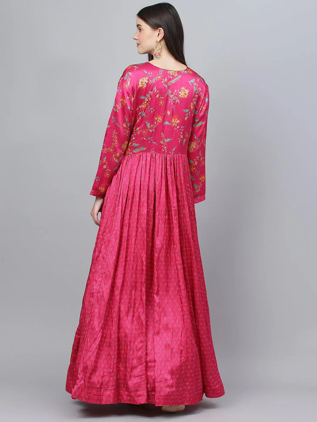 Pink Floral Printed Gaji Silk Flared Gown