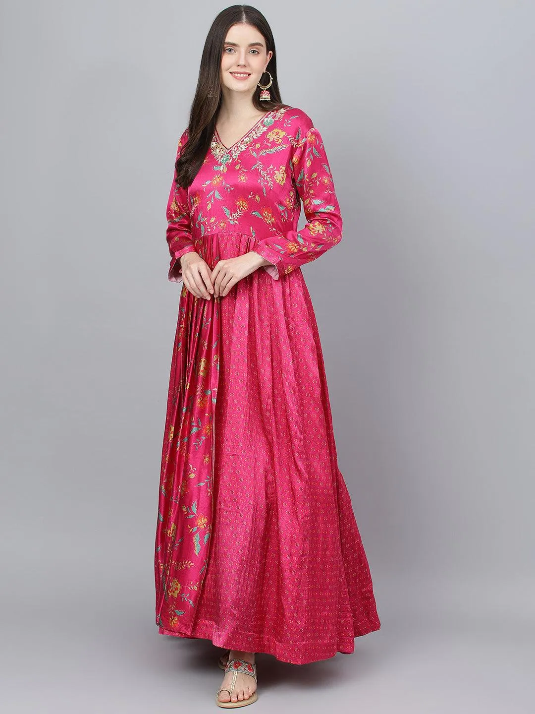 Pink Floral Printed Gaji Silk Flared Gown