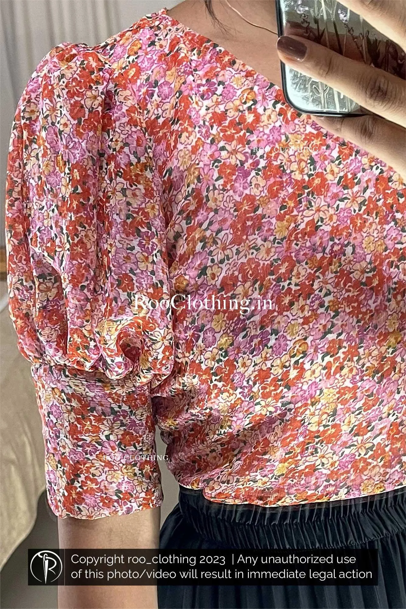 Pink Floral Printed V-neck Top With Puff Sleeves (Top Only)