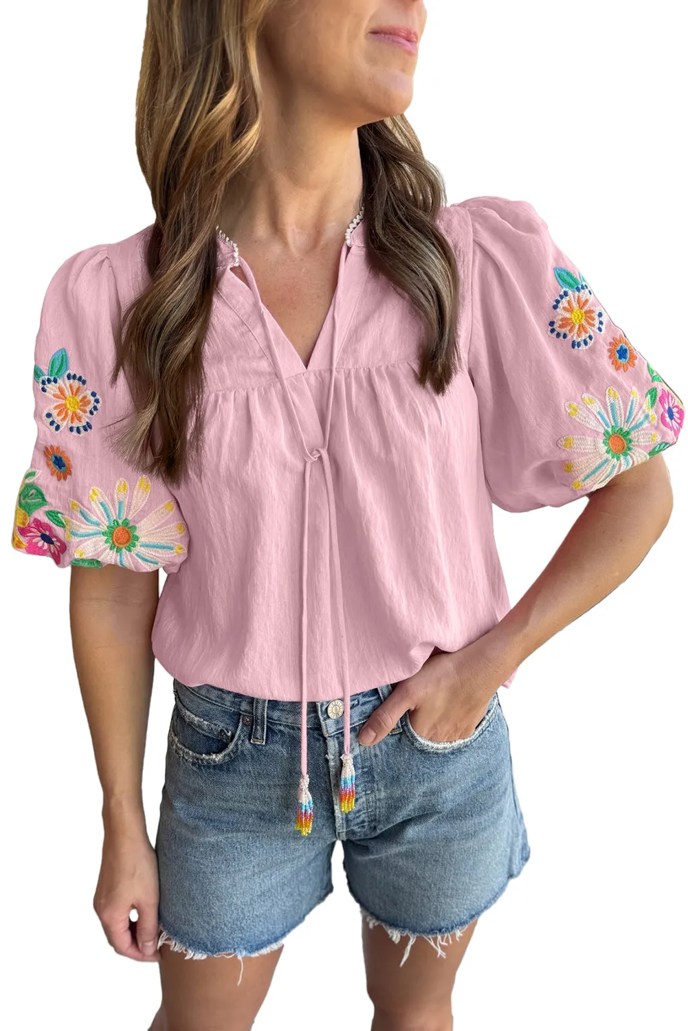 Pink Floral Puff Sleeve Tassel Tie Neck Blouse