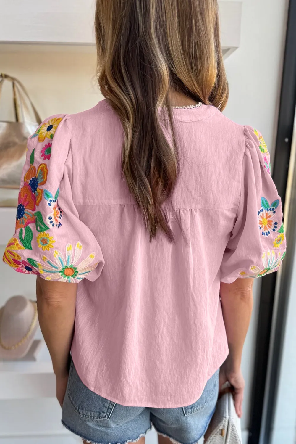 Pink Floral Puff Sleeve Tassel Tie Neck Blouse