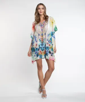 Pink Floral Tropical Print Midi Length Cover Up with Beaded Embellishment