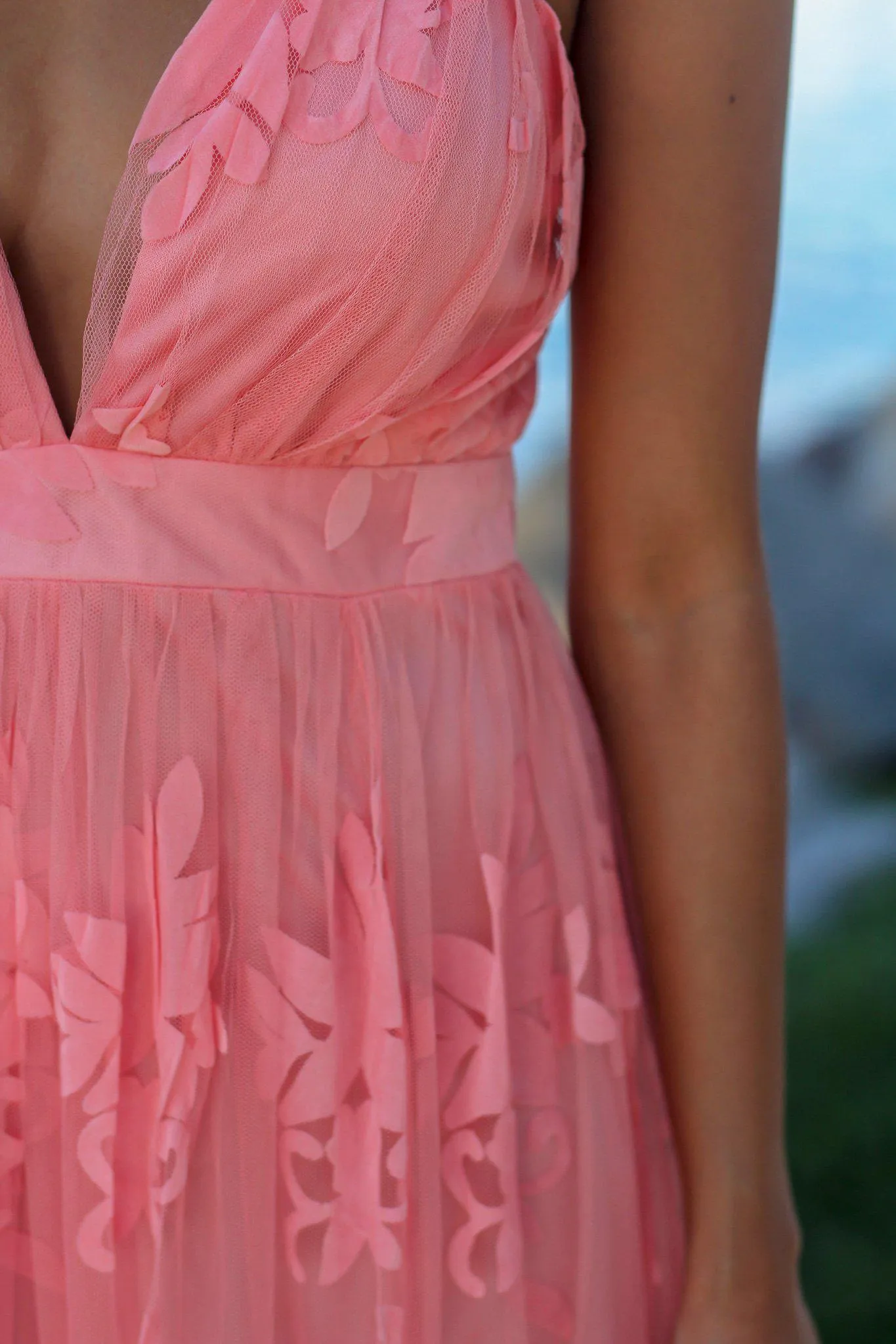 Pink Floral Tulle Maxi Dress with Criss Cross Back