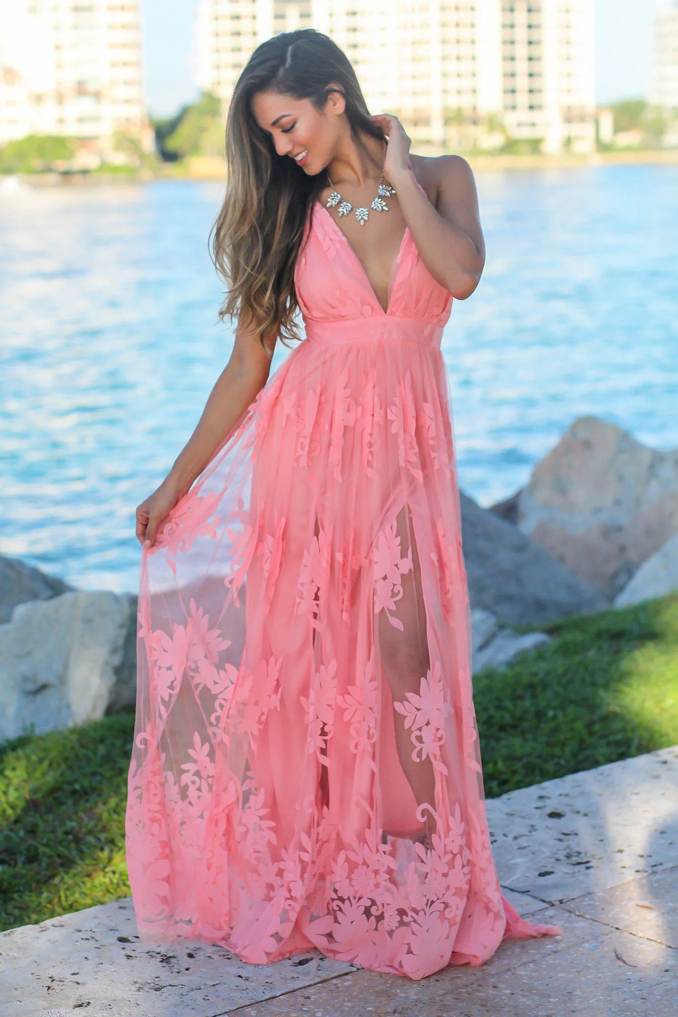 Pink Floral Tulle Maxi Dress with Criss Cross Back