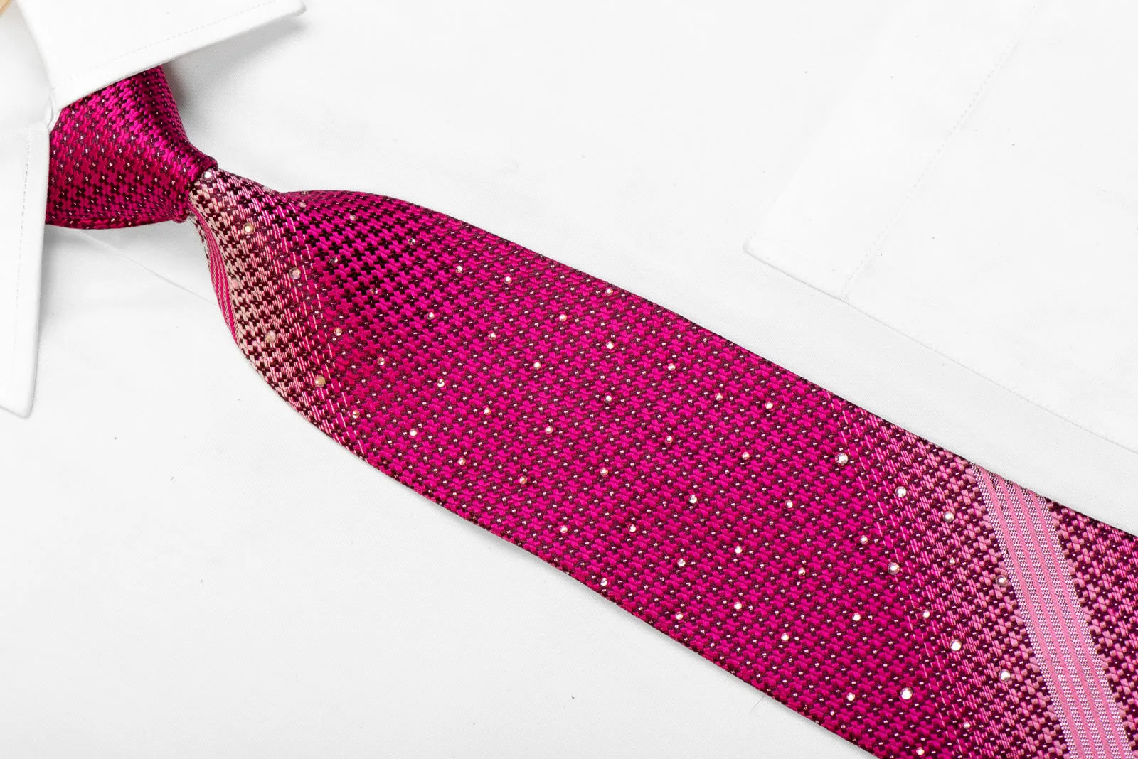 Pink Geometric On Burgundy Rhinestone Necktie With Sparkles