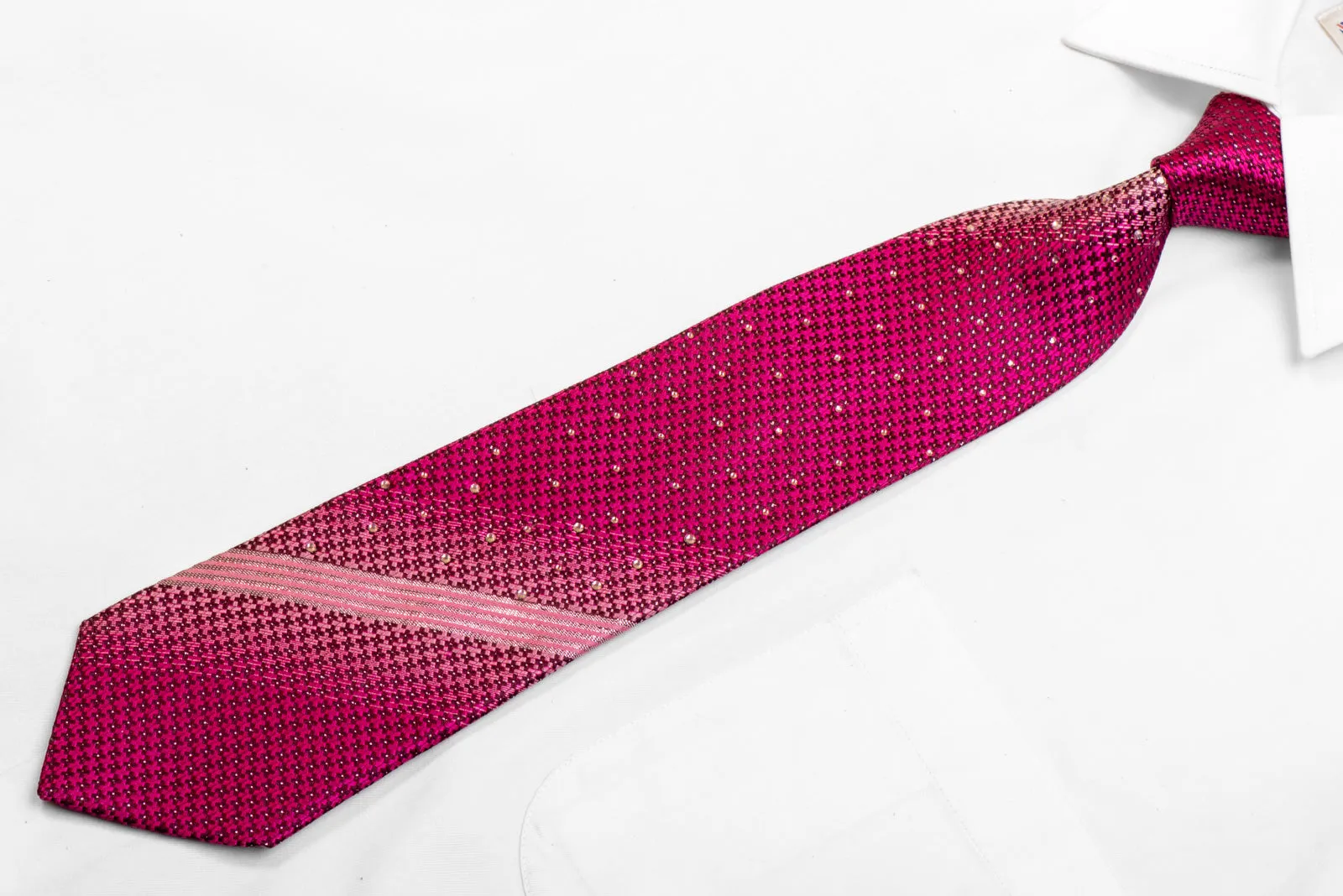 Pink Geometric On Burgundy Rhinestone Necktie With Sparkles